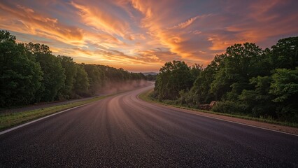 Naklejka premium Evening sky with clouds illuminating a forest next to a smooth raceway