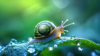 Snail on Leaf with Dew Drops in Lush Green Environment