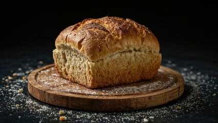 Handcrafted corn bread featuring flour and yeast displayed on a bamboo serving board against a dark backdrop