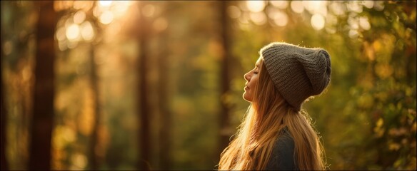 The woman in a beanie enjoying the tranquility of a forest at sunset.