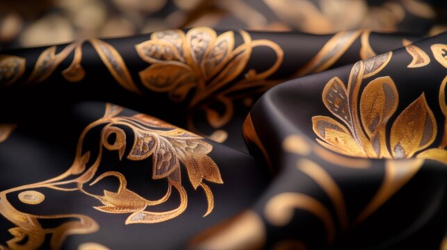 Luxurious Indonesian Batik Fabric Flowing with Golden Floral Pattern