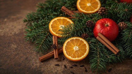 Arrangement of warm spiced wine ingredients alongside fir branches on a textured brown backdrop