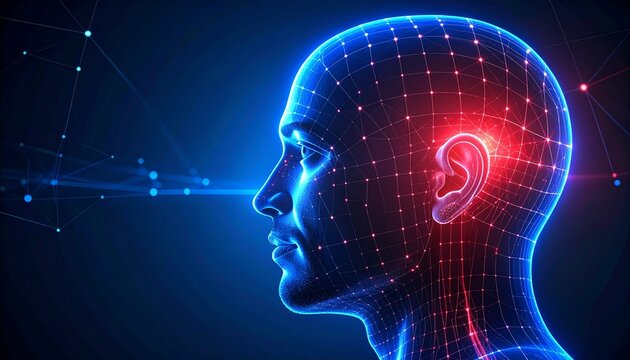 Glowing Digital Human Head Profile in red and Blue