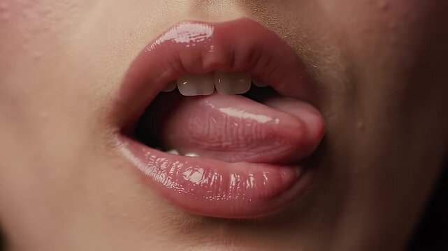 Detailed Close Up of a Woman's Glossy Lips with Subtle Tongue Movement in Slow Motion with Soft Lighting Focusing on Texture and Shine Perfect for Beauty and Cosmetic Product Demonstrations and