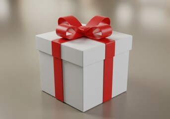 Obraz premium A classic white gift box adorned with a vibrant red ribbon and bow
