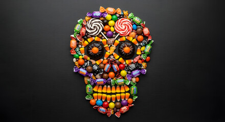 Colorful candy skull composition against a dark background symbolizing Halloween festivities