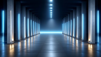 Futuristic Corridor with Neon Lights and Concrete Columns in a Dark Environment