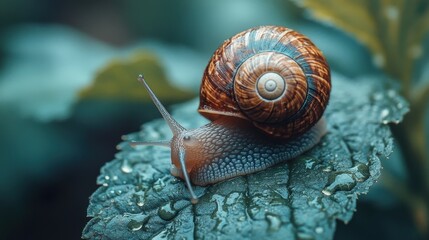 Snail on Leaf with Water Droplets in Lush Background