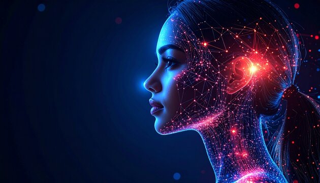 Glowing Digital Human Head Profile in red and Blue