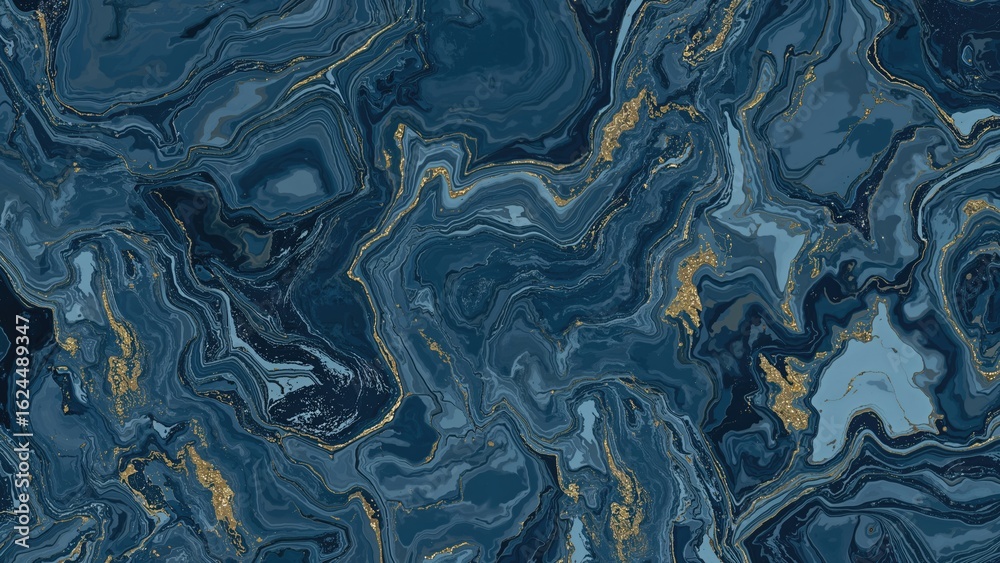 Wall mural two-dimensional abstraction displaying blue marble combined with golden and gray wave elements.