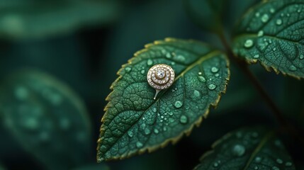 Snail on Leaf with Water Droplets in Lush Garden