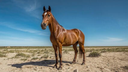 Obraz premium Sandy terrain with a desert breed horse under bright sunlight