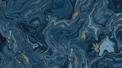 Fototapeta premium Two-dimensional abstraction displaying blue marble combined with golden and gray wave elements.