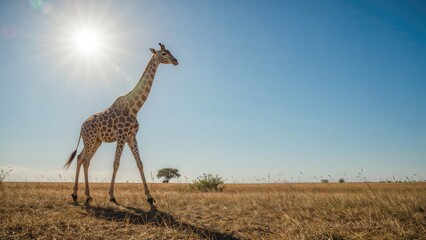 Obraz premium Under the radiant sun, a tall giraffe with brown spotted markings roams gracefully through a vast dry grass field.