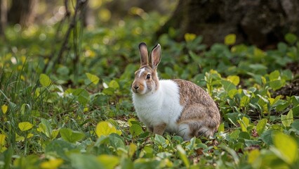 A Snowshoe Hare (Lepus americanus) poses for a portrait near a tranquil lake in a provincial park