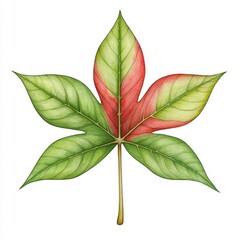 Detailed Illustration of a Five Lobed Leaf in Green and Red on White Background