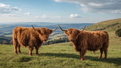 A vertical view of two rugged cattle in an open farmland area