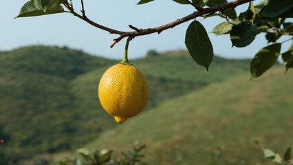 A lone Galgal citrus fruit dangles from a tree in natural orchards, symbolizing fresh and wholesome produce.