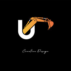 U Excavator Arm Construction Logo - Bold Industrial Letter mark Design for Heavy Equipment, Contractor Branding & Modern Engineering Identity