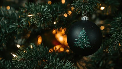 Close-up shot of a holiday tree limb adorned with a dark bauble painted with a tree, lit by fairy lights, with a warm fire softly glowing behind.