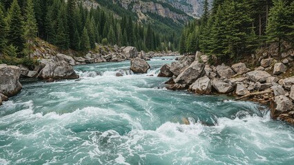 A cold mountain stream rushing through rapids and rocky cliffs with waterfalls