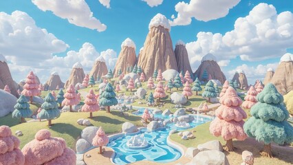 Three-dimensional depiction of cute cartoon peaks, vegetation, and clouds