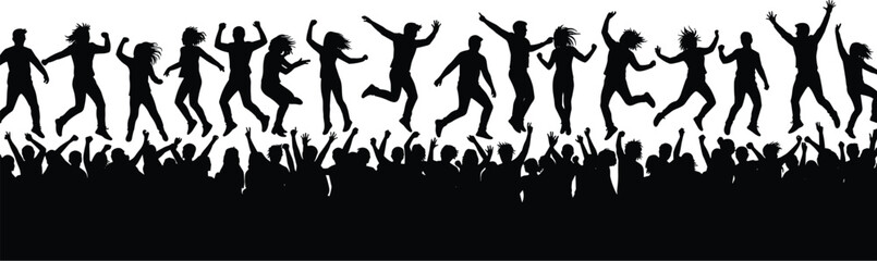 Silhouettes of a cheering crowd and people jumping, celebrating, and dancing, a vector illustration of a lively event or party atmosphere.