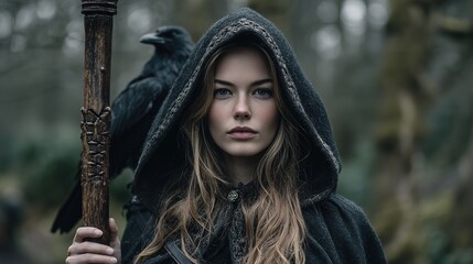 Full-body portrait of young woman wearing black hooded cloak, holding wooden staff with crow perched on it, mysterious fantasy style