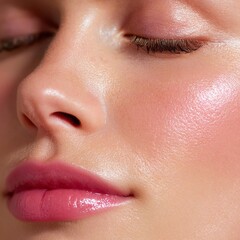 Fototapeta premium Hydrated Plump Skin with Glycerin Close-up of a woman's serene, radiant face. Hydrated Plump Skin with Glycerin glow close-up
