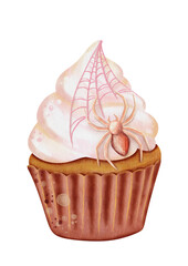 Watercolor cupcakes, spiderwebs in a pink Halloween theme