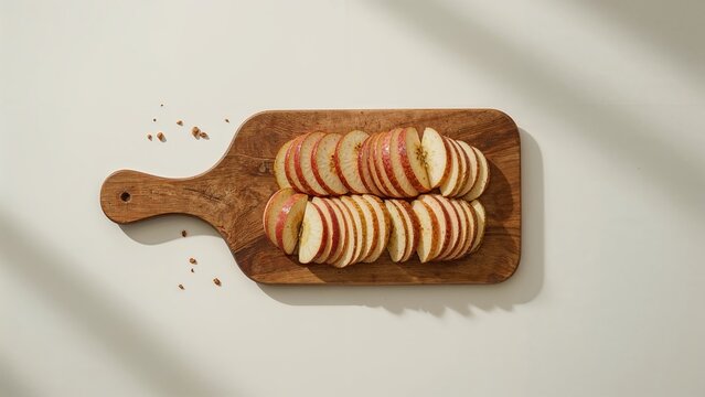 Overhead view of apple pieces laid out on a wooden serving board mimicking an apple shape