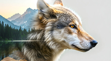 Majestic wolf portrait merged with a serene mountain landscape featuring a forest and lake