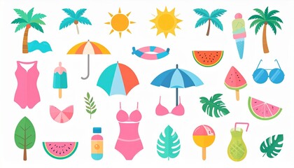 Vibrant summer icons like palm trees, sun, swimsuits, umbrellas, and watermelon slices create a festive beach vibe.