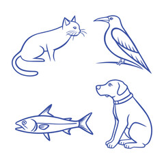 Line art cats, dogs, fish, and deer—all types of animals / Professional various types of line art animal set
