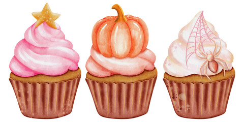 Watercolor clipart of Halloween-themed  cupcakes, pumpkin, spiders and spiderwebs  in pink tones