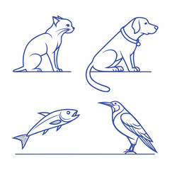 Line art cats, dogs, fish, and deer—all types of animals / Professional various types of line art animal set