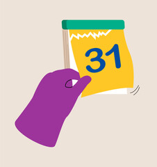 End of month. Hand tear off calendar sheet. Colorful vector illustration