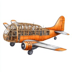 Detailed Illustration of Airplane's Wooden Frame and Orange Exterior