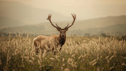 Fototapeta premium Deer antlers peeking through dense grass