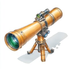 Detailed Illustration of Brass Telescope on Tripod
