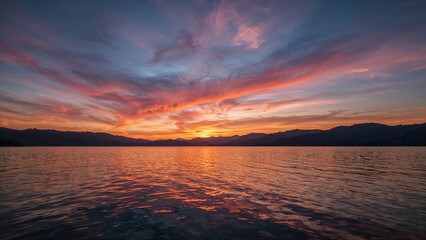 Obraz premium A tranquil sea reflecting the hues of a dramatic sunset sky