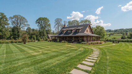 A freshly built home surrounded by greenery in the countryside