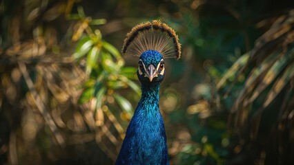 Naklejka premium Close-up shot of a male peafowl, Pavo cristatus bird.