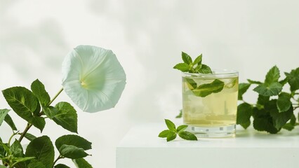 Ice-cold green tea accompanied by white morning glory flowers in a plant-filled backdrop