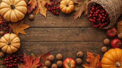 Fall harvest display featuring pumpkins, autumn leaves, apples, red berries, and walnuts on a wooden surface. Thanksgiving vibe. Flat lay perspective with blank area.