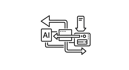 Illustration of ai connected to a server with arrows indicating data flow and processing on white background