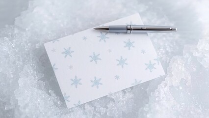 Thank you card set against a snowy backdrop with a silver pen, designed for conveying appreciation during the festive season.