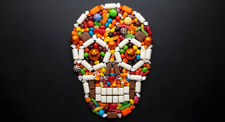 Halloween confection collection: A candy skull arrangement on a dark background