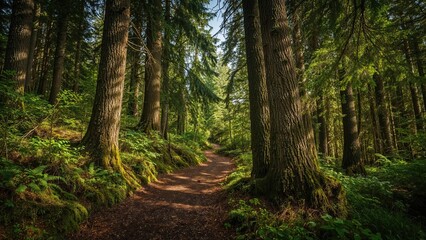 Fototapeta premium A dense woodland with a pathway winding through it