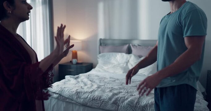 Frustrated couple, shouting or argument with disagreement in bedroom for fight or conflict. Angry, man and woman yelling in toxic relationship or breakup for cheating affair, dispute or divorce